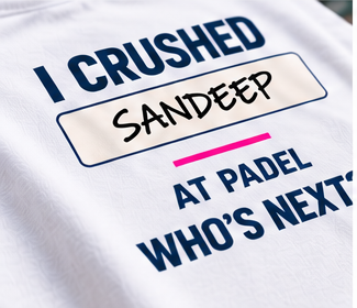 Close-up of the I CRUSHED SANDEEP chest print